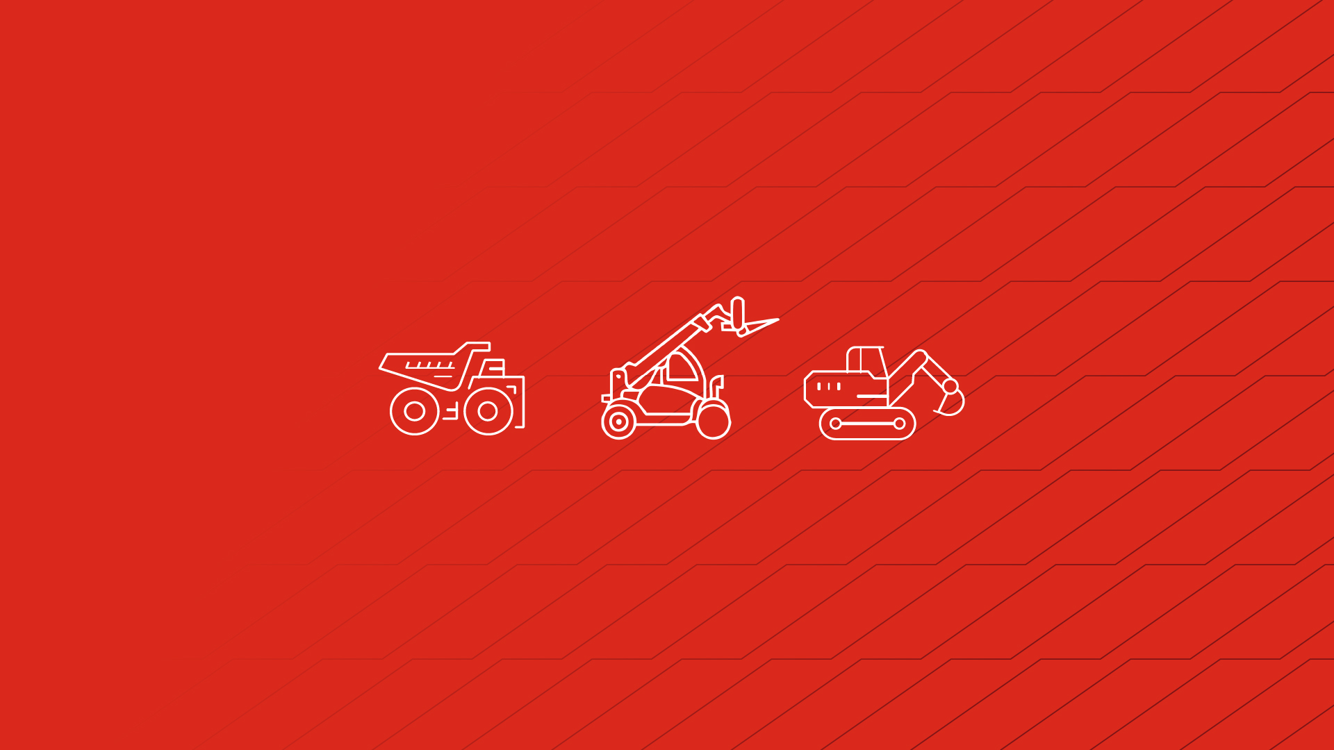 Red background with icons for Mining, Construction, and Drivetrain Components