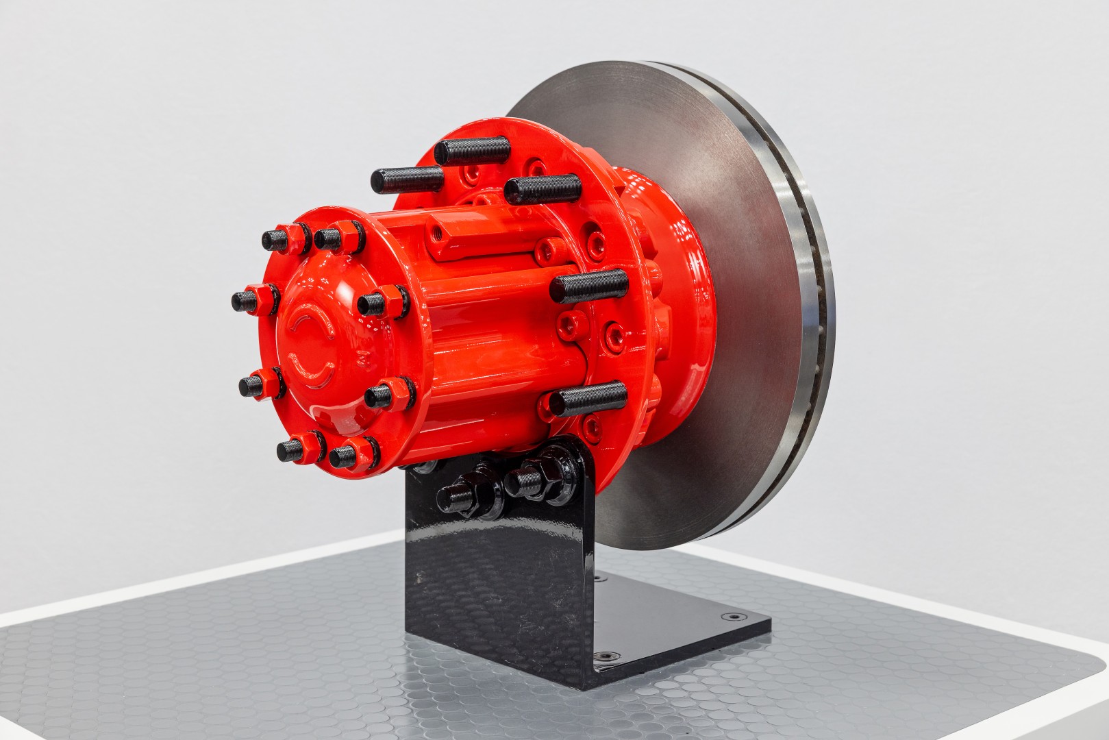 Red heavy-duty wheel hub and ventilated brake rotor assembly
