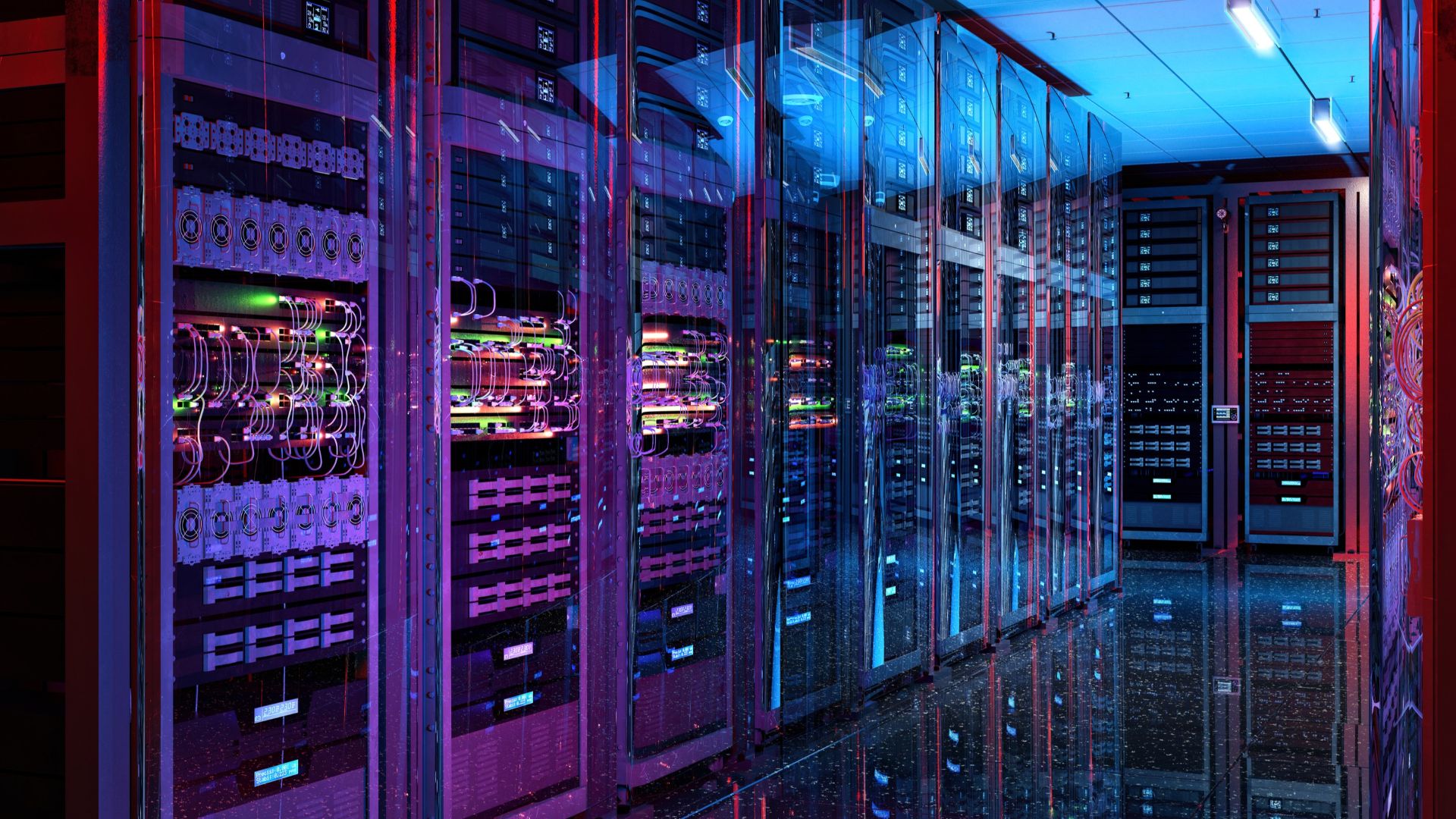 Rows of server racks and networking equipment inside a modern data center with illuminated cabling and LED lighting