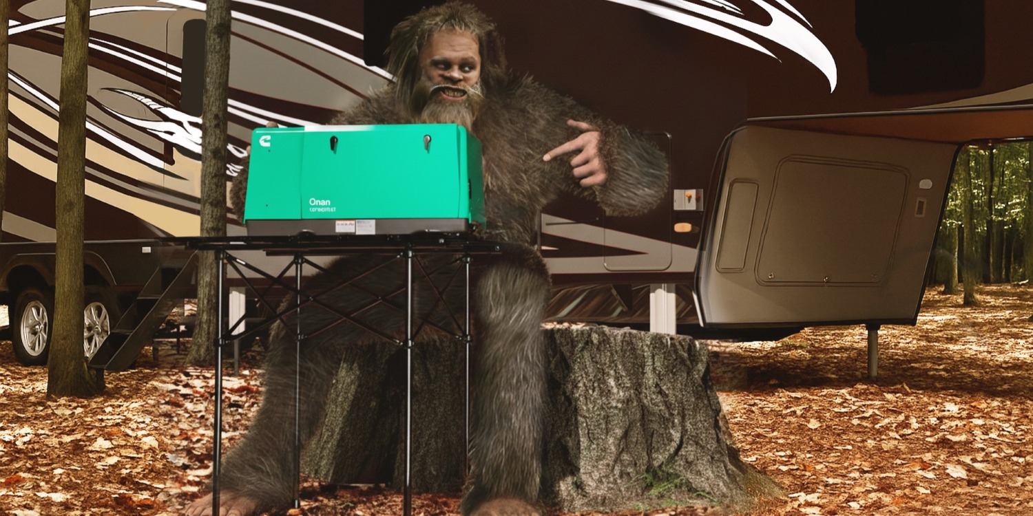 bigfoot sitting at camp table with onan rv generator