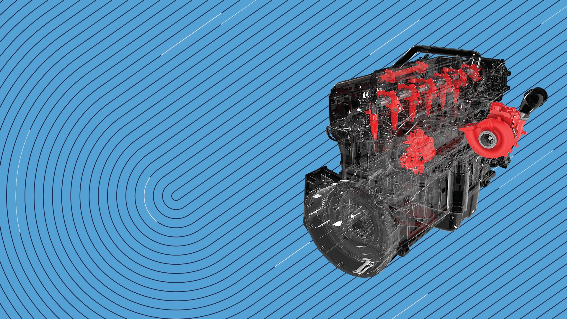 Transparent view of a Cummins engine highlighting key engine components, including fuel system and turbocharger technologies