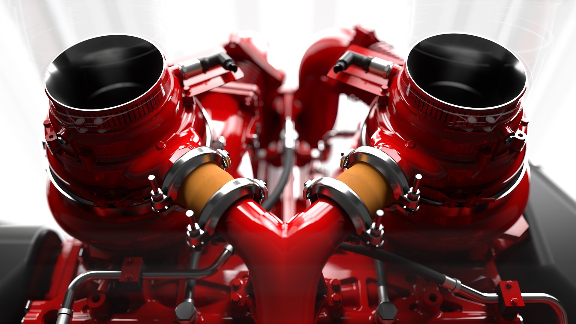 Close-up view of dual red turbochargers connected by intake piping on a heavy-duty diesel engine.