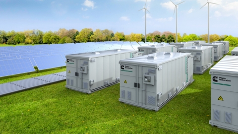 Battery energy storage systems outside next to solar pannels