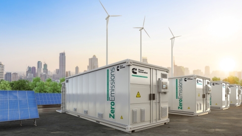 BESS container next to solar panels and a wind farm