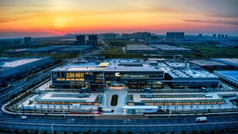 drone view of cummins international facility during sunset 