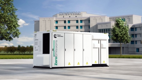 cgi of battery energy storage system container in front of hospital