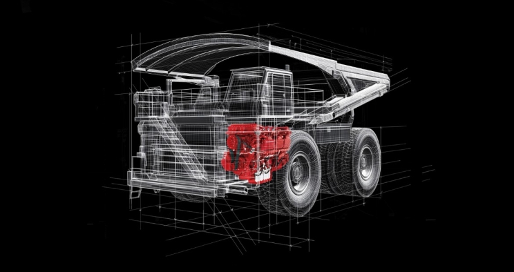 Mining haul truck wireframe with red engine highlighted inside the vehicle