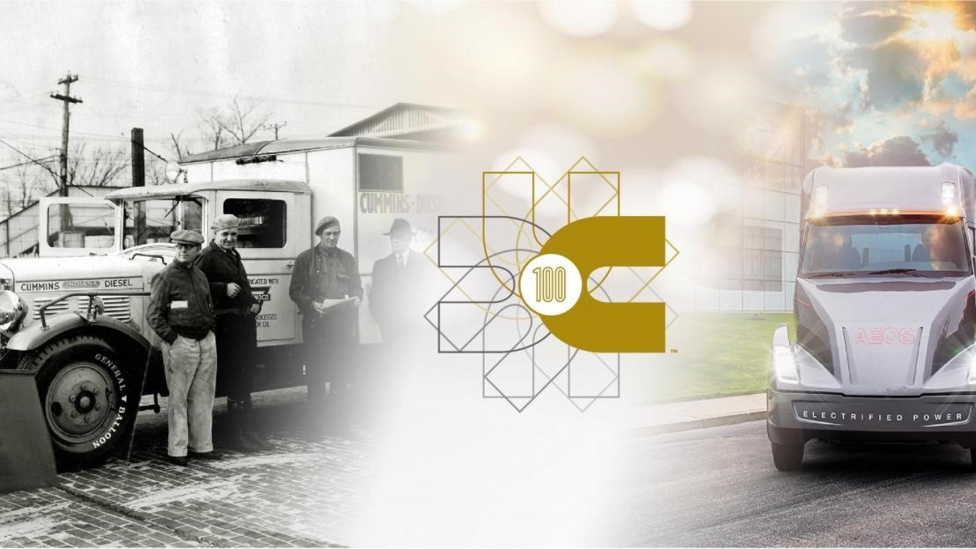banner displaying cummins' 100th anniversary with images of early truck and modern truck models
