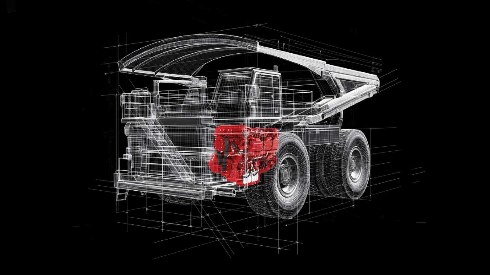 Mining haul truck wireframe with red engine highlighted inside the vehicle