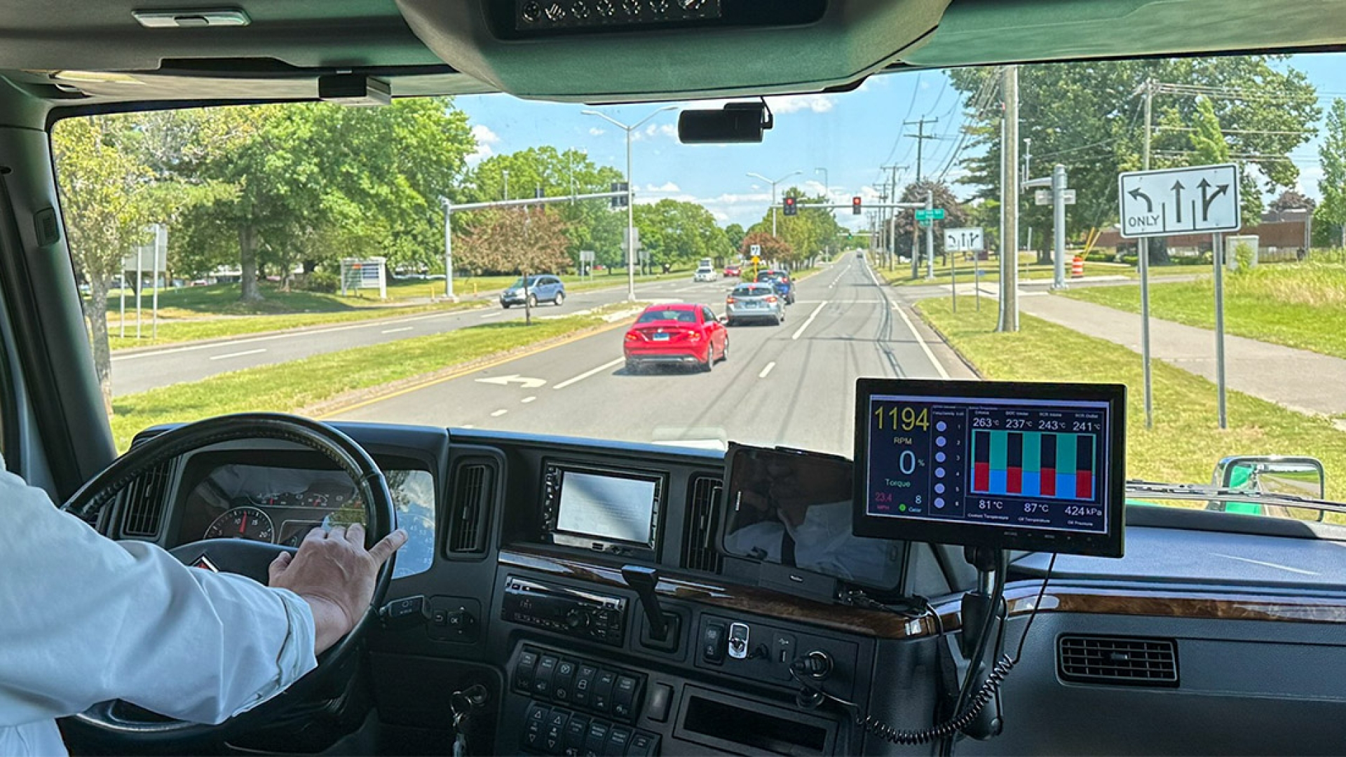 View of truck's front dashboard