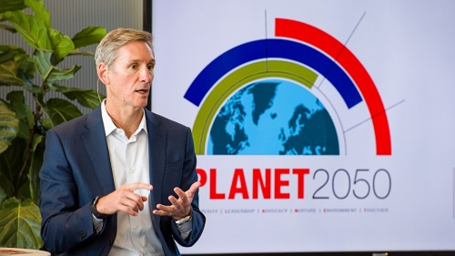 Cummins Chairman and CEO Tom Linebarger announces PLANET 2050, the company’s environmental sustainability strategy, at a forum last month. The strategy is consistent with the company's efforts to do good in the communities where it does business.