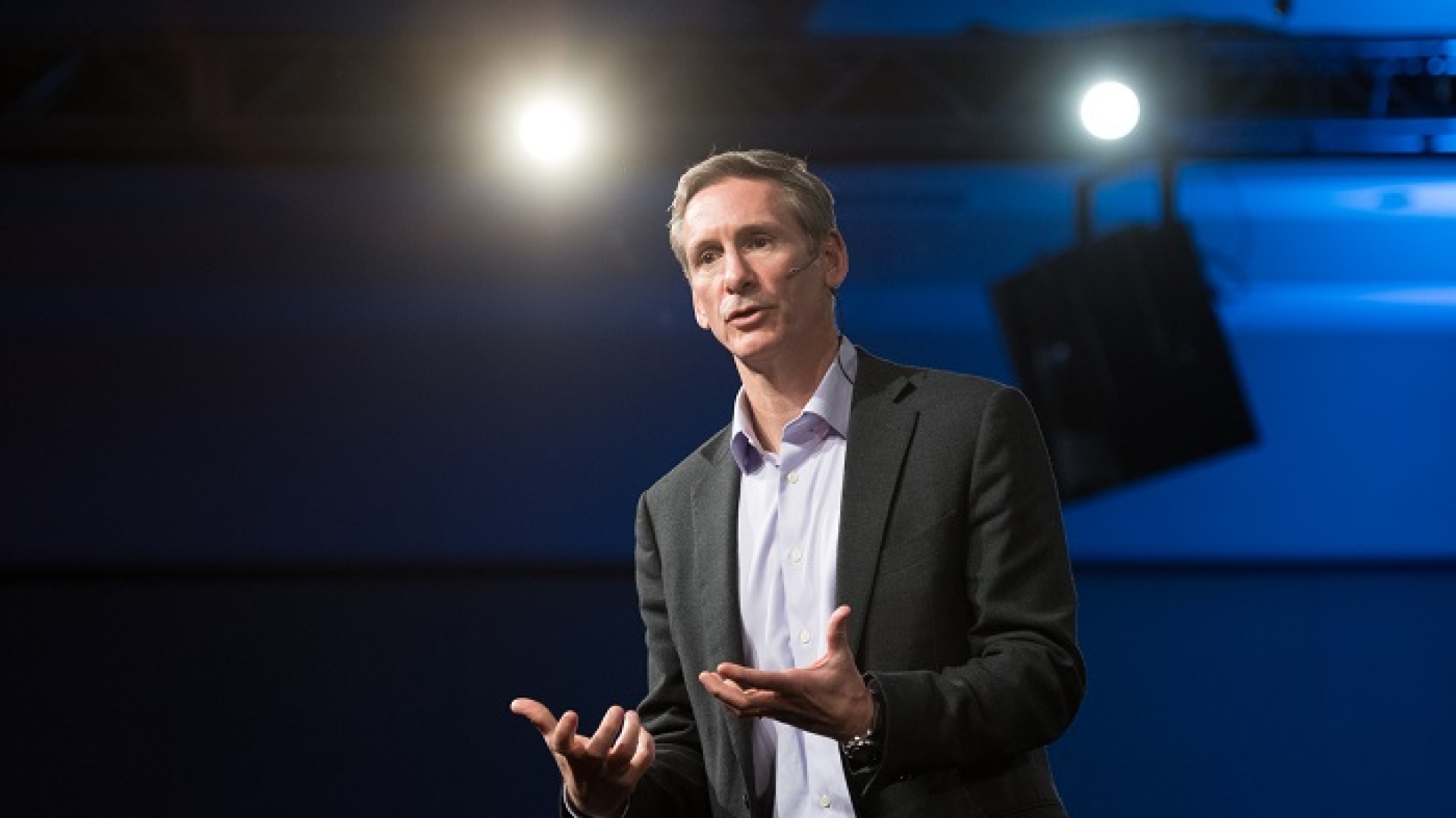 CEO Tom Linebarger speaks at a past event, before the COVID-19 crisis. The 2020 Annual Meeting was held virtually to protect against the spread of the virus.