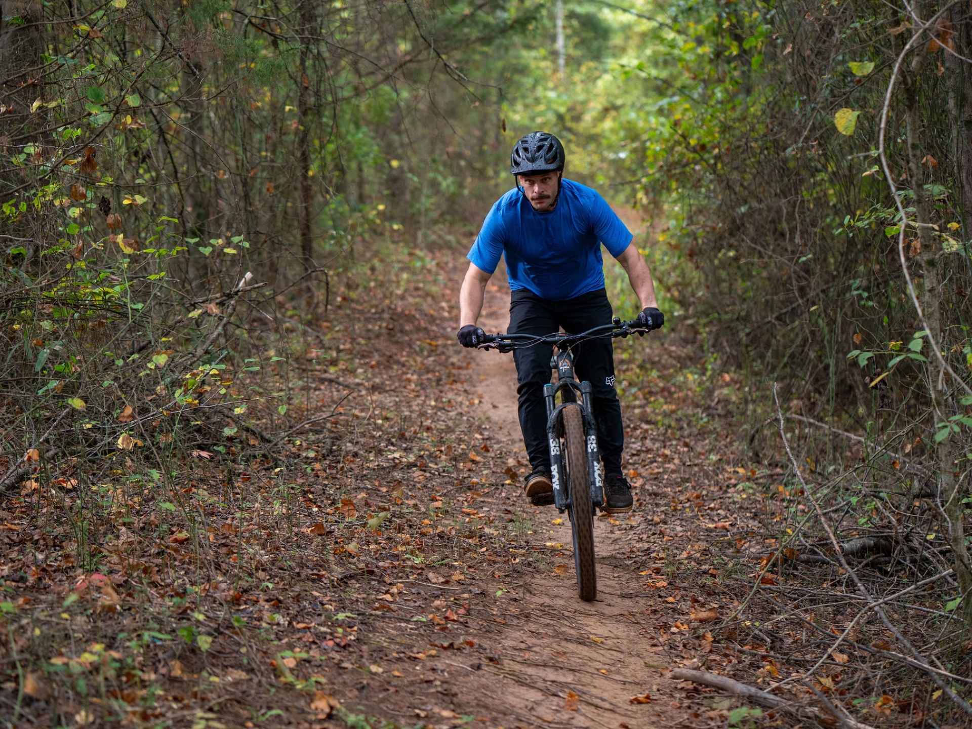 Man riding a mountain bike on a forest trail