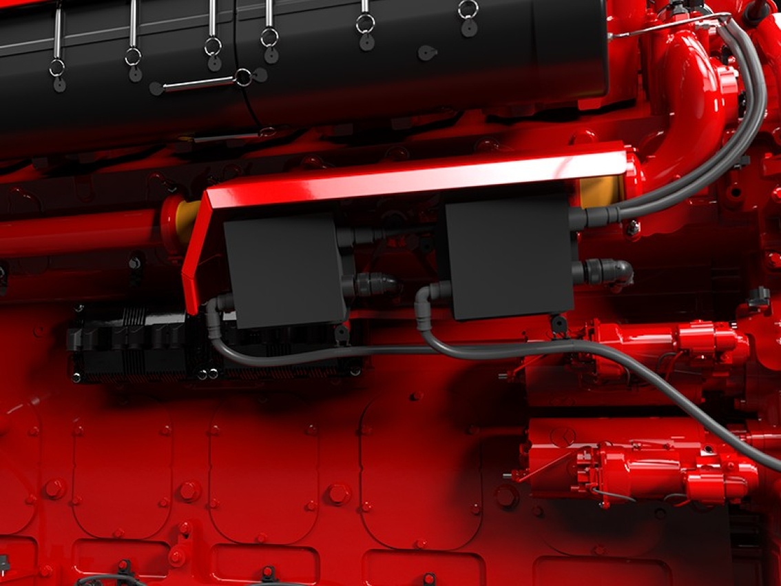 Close-up of electrical and fluid system components on HSK78G engine